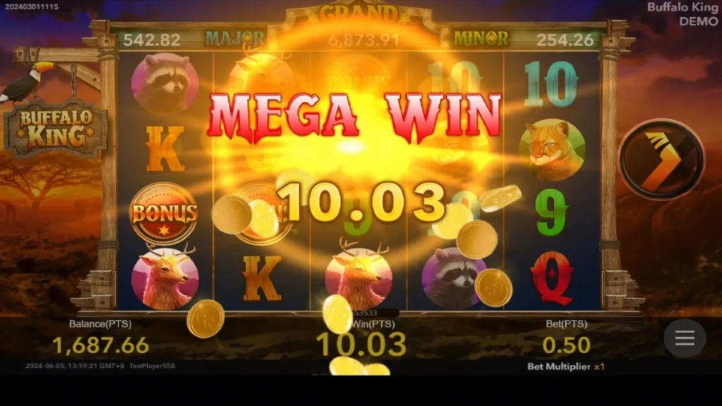 Buffalo King slot mega win animation with gold coins and the payout prominently displayed.