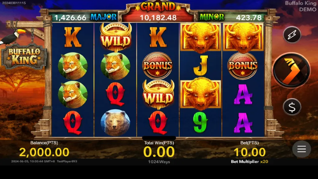 Standard gameplay screen of Buffalo King with symbols including buffalo, cougar, raccoon, bear, and card values. The interface displays GRAND, MAJOR, and MINOR jackpot amounts at the top, balance 2,000.00, stake 10.00, and no winnings yet.