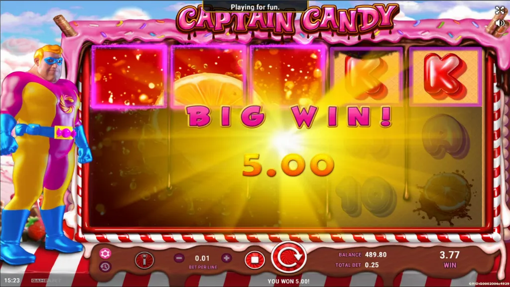 Captain Candy slot big win screen showing €8.40 payout with glowing candy graphics and celebration effects.