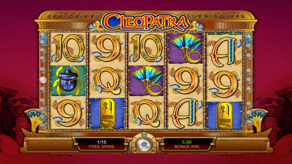 Free spins round in progress on the Cleopatra slot showing multiple winning combinations.