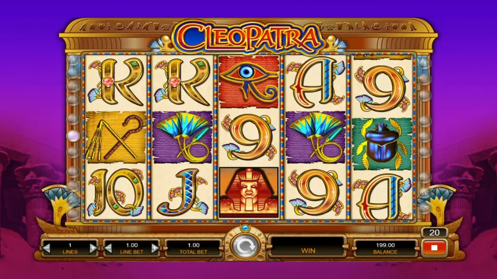 Standard base game screen on the Cleopatra slot displaying Egyptian-themed symbols.