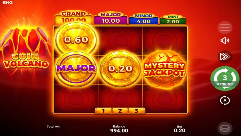 The bonus game screen shows three golden coins: "0.60," "Major," and "0.20," alongside a "Mystery Jackpot" coin. The interface shows "3 respins" available, highlighted on the right.