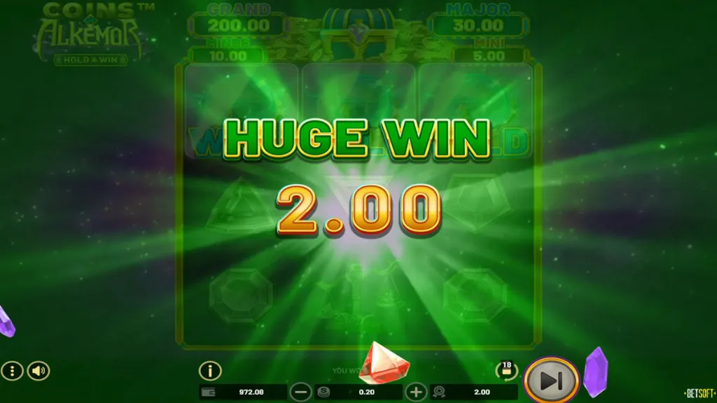 Green glowing screen showing “Huge Win £2.00” in bold yellow and green letters, with gemstone icons faintly visible in the background.