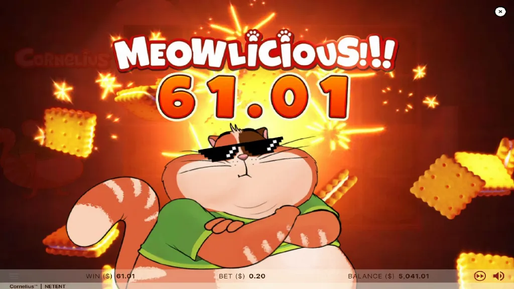 Cornelius slot Big Win screen with the cat wearing sunglasses and payout displayed.