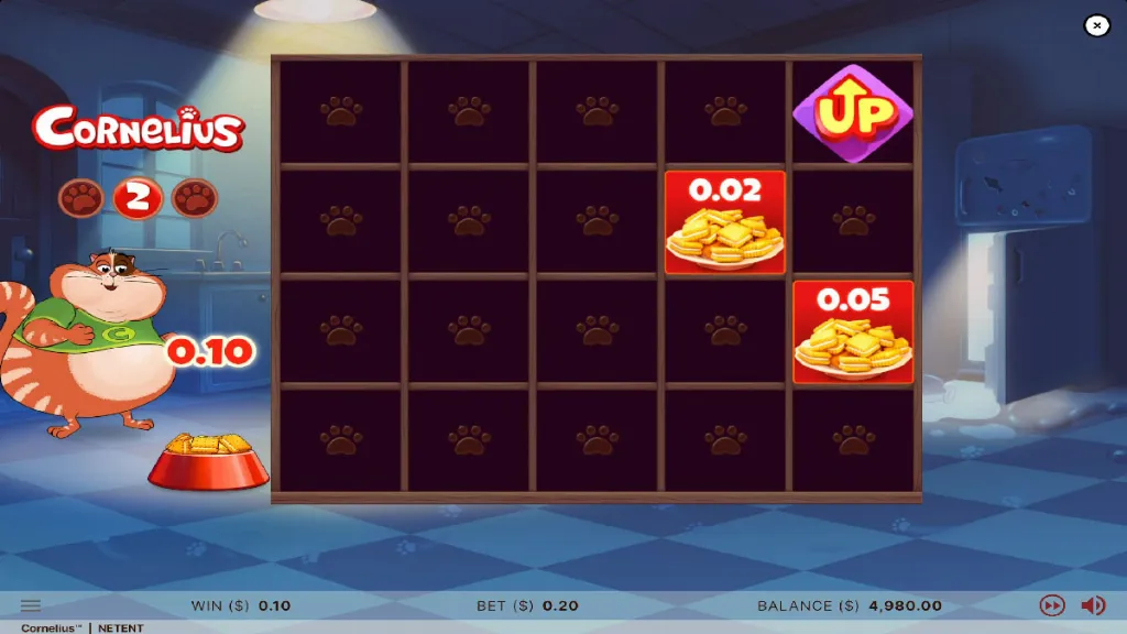Cornelius slot bonus round with cat food symbols collecting on the grid.