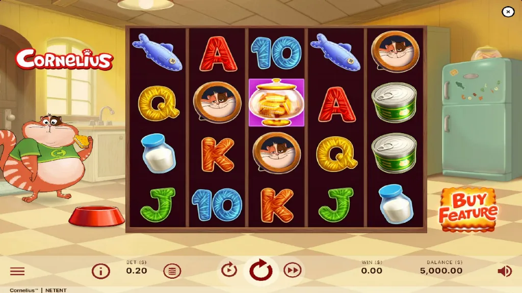 Cornelius slot base game showing cartoon cat symbols, milk bottles, fish, and tuna cans.