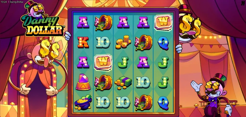 Colorful Danny Dollar slot game screen with cartoon dollar sign characters and reels showing symbols of coins, gems, cash, and letters
