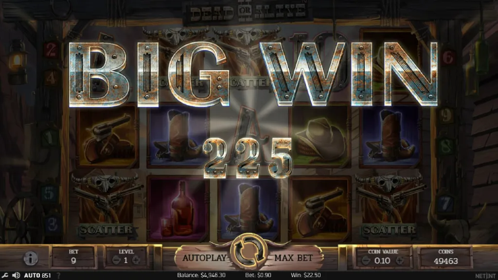 Dead or Alive II slot big win screen with large payout displayed over western-themed reels.
