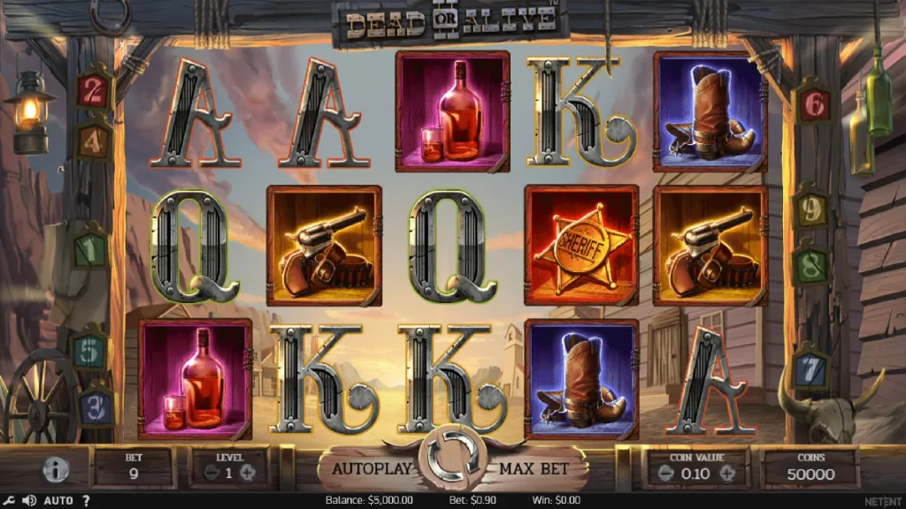 Dead or Alive II base game reels showing pistols, sheriff badge, whiskey bottle, and cowboy boots.