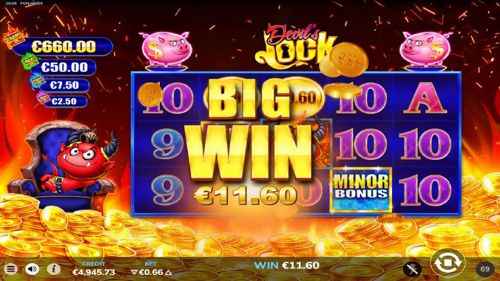 Devil’s Lock slot big win screen with golden coins and €11.60 prize highlighted