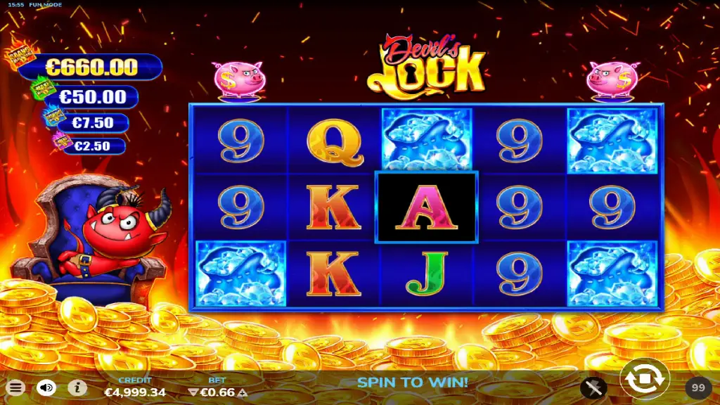 Devil’s Lock slot base game with reels showing diamonds, nines, and card symbols on fiery background