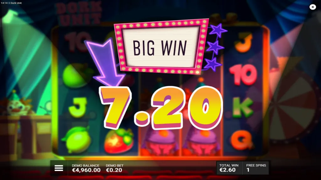 Dork Unit slot big win screen highlighting a €7.20 payout with neon “Big Win” signage.