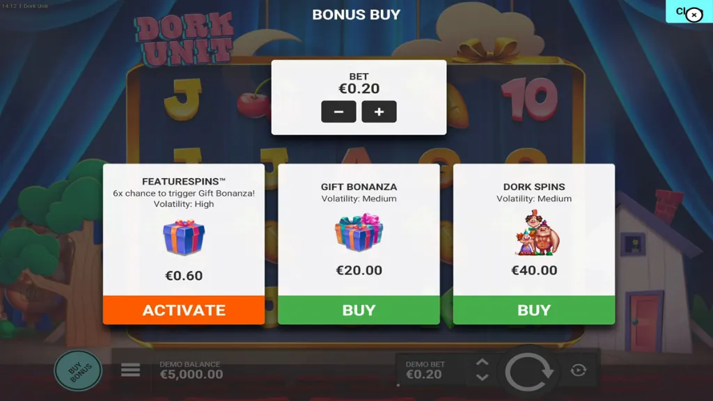 Dork Unit slot bonus buy menu displaying FeatureSpins, Gift Bonanza, and Dork Spins options with different volatility levels.
