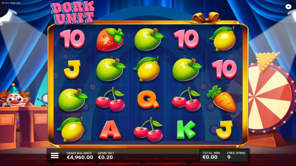 Dork Unit slot during free spins with fruit and clown symbols across the reels and bonus round active.