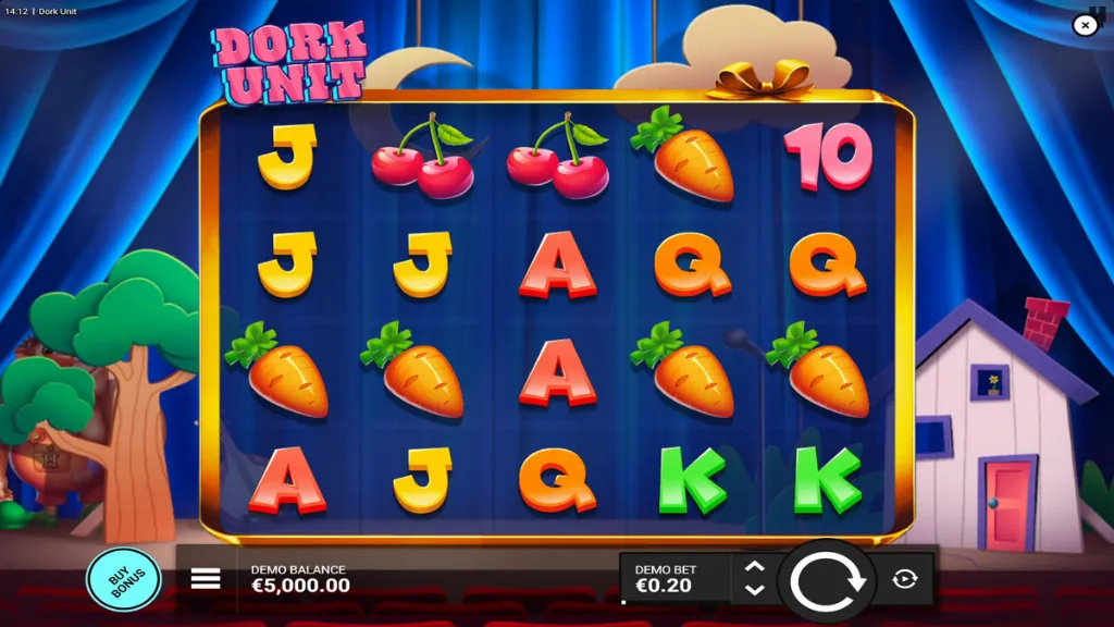 Screenshot of Dork Unit slot game showing colorful reels with fruits, carrots, and playing card symbols during normal play.