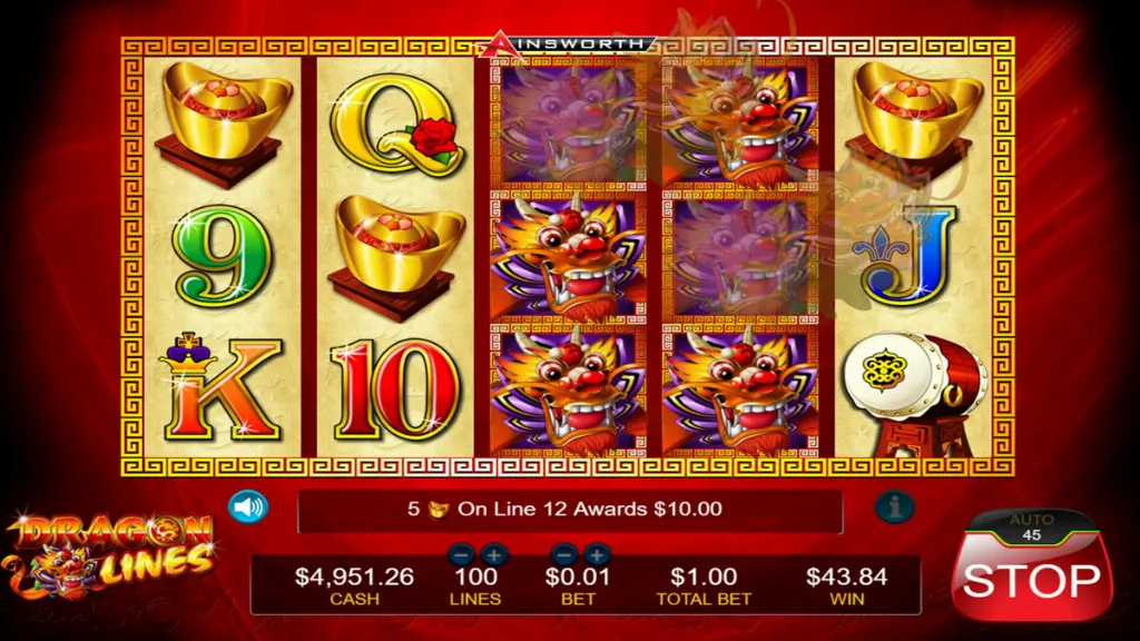 Big win sequence in Dragon Lines slot showcasing multiple dragon symbols and high payout.