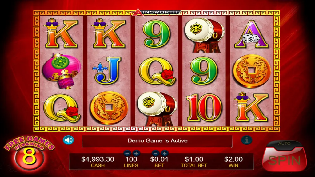 Free spins bonus round in Dragon Lines slot with multiple winning combinations.