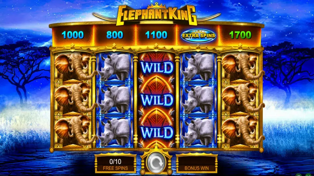 Elephant King slot bonus round with stacked elephant and rhino symbols alongside wild reels.
