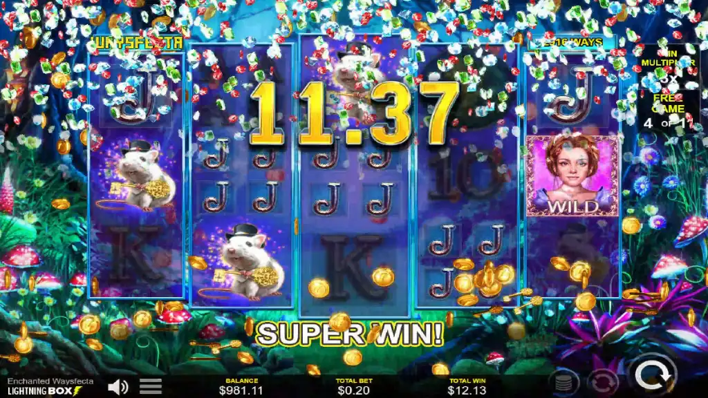 Big win screen on Enchanted Waysfecta slot showing 11.37 payout during confetti animation.