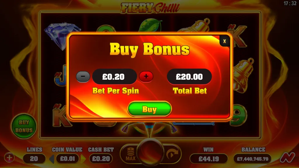 Fiery Chilli slot buy bonus feature showing £0.20 bet per spin and £20 total bet option.