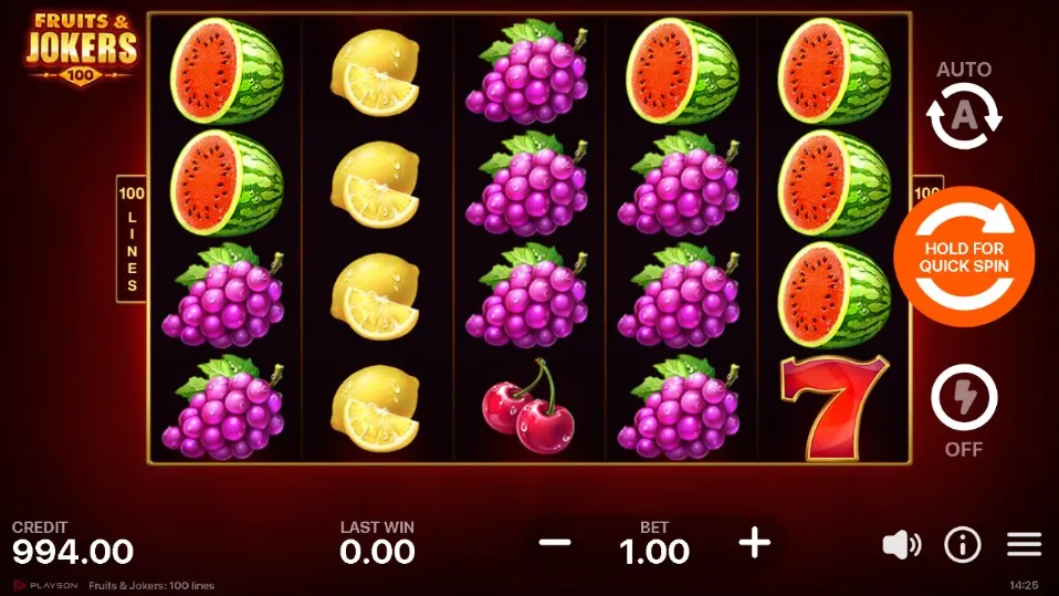 Fruits & Jokers 100 Lines slot game screen featuring reels with watermelons, lemons, grapes, cherries, and a red number seven symbol on a dark red background