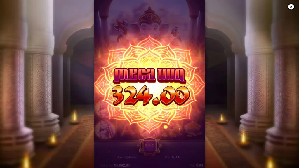 Mega Win screen in Ganesha Gold showing a payout of 324.00 with a glowing lotus design in the background.