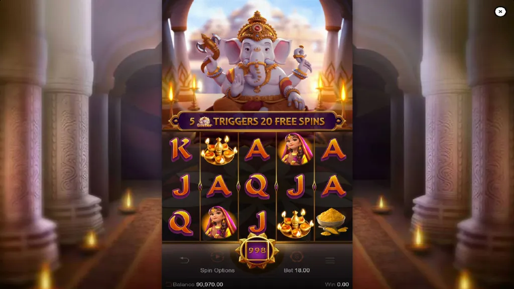 Standard base game spin in Ganesha Gold featuring royal symbols, lamps, and character icons.