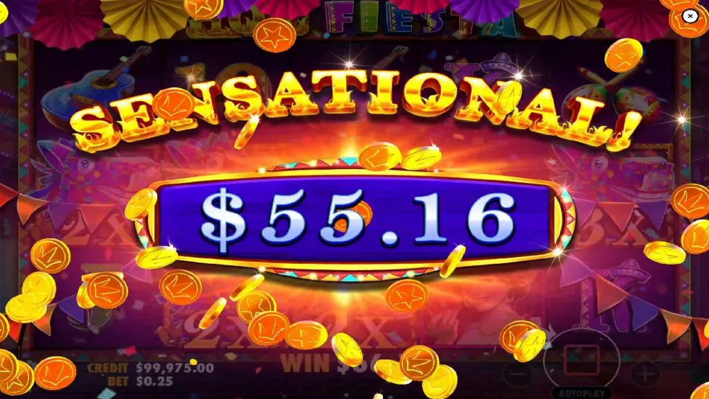 Hot Fiesta slot Sensational Win screen displaying a $55.16 payout with golden coins flying.