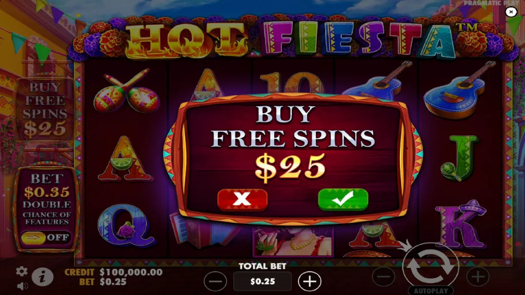 Hot Fiesta slot bonus buy feature offering free spins for $25.