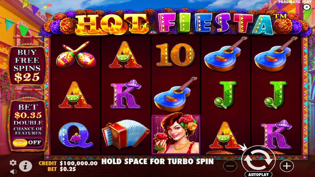 Hot Fiesta slot base game reels featuring guitars, accordions, maracas, and festive card symbols.