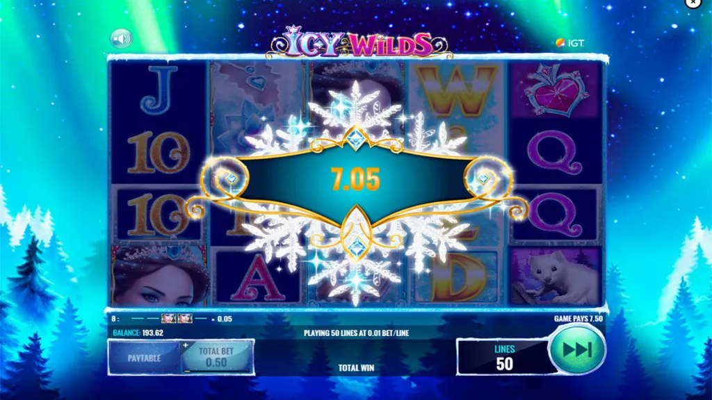 Icy Wilds slot Big Win screen with icy snowflake frame displaying a 7.05 prize.