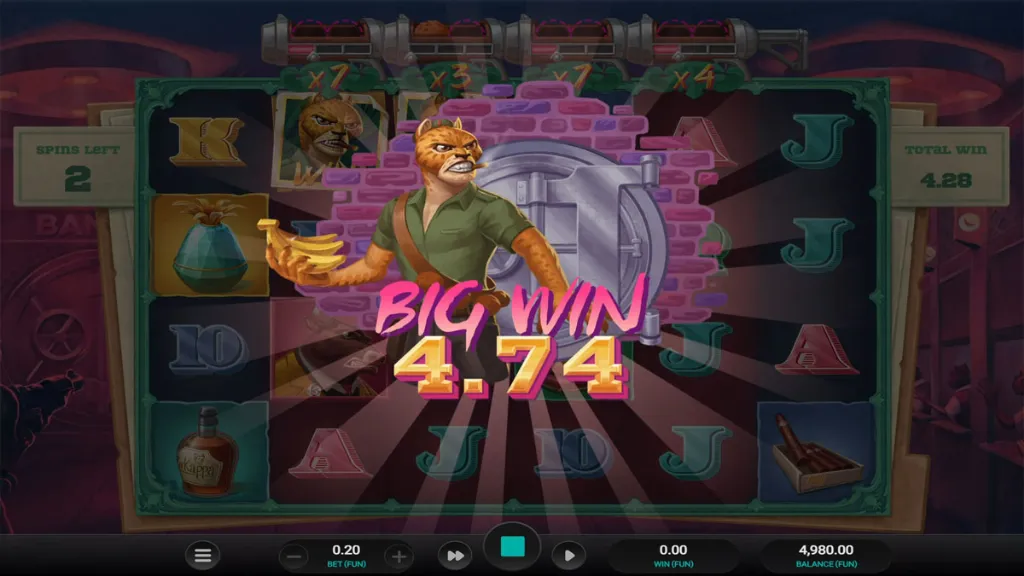 Big Win screen in the Iron Bank slot featuring a cat character thief with 4.74 prize highlighted.