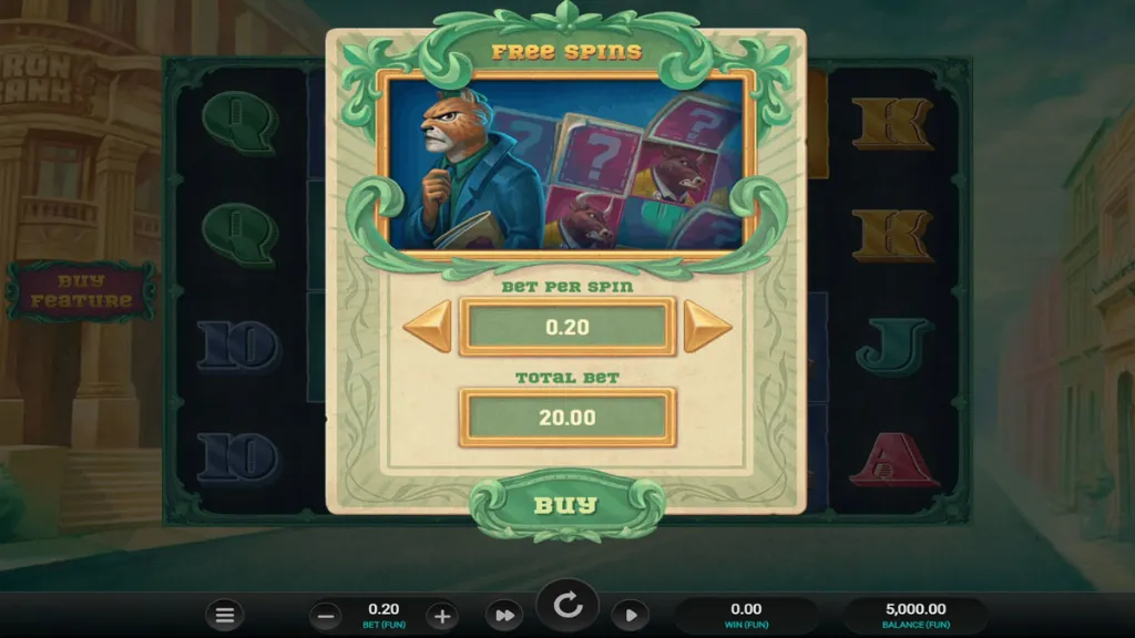 Iron Bank slot free spins buy feature menu with betting options and illustrated animal character.