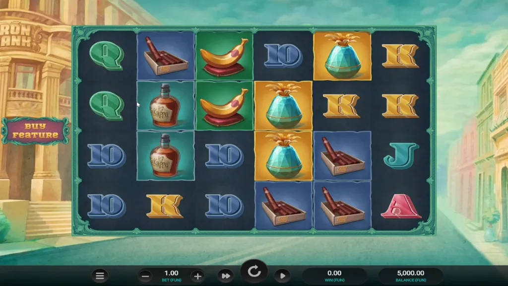 Iron Bank slot game reels featuring fruit, liquor, cigars, and classic card symbols during regular play.