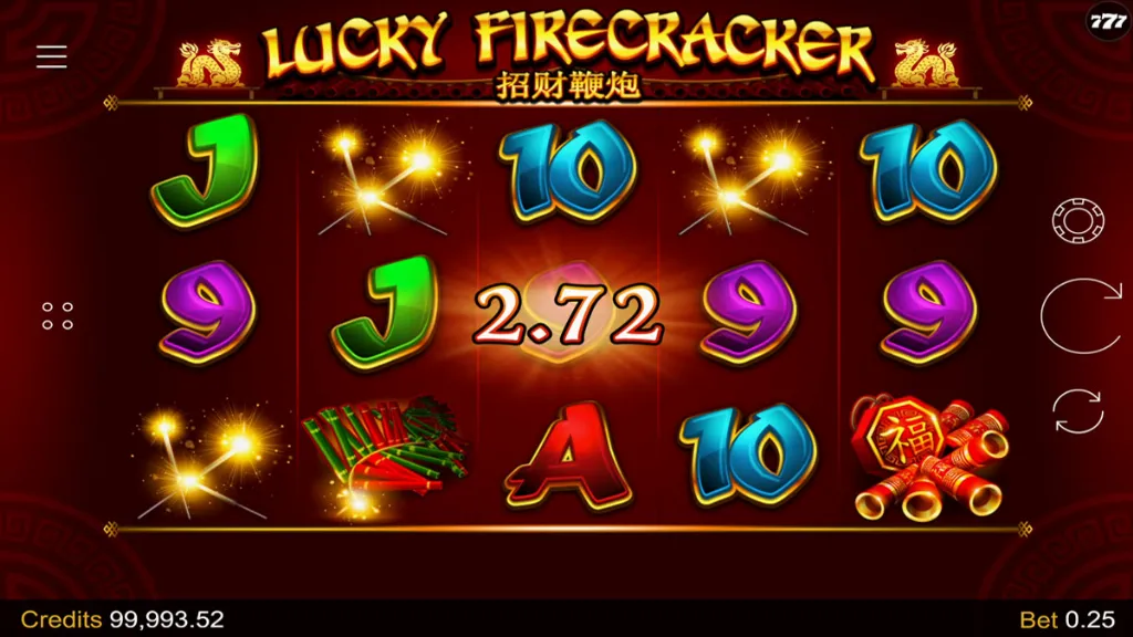 Lucky Firecracker slot big win screen flashing a 22.50 payout with fireworks and celebratory effects.
