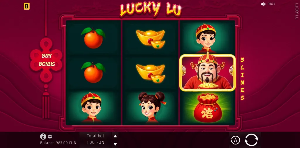 Red-and-gold Lucky Lu slot with Chinese-themed symbols like gold ingots, oranges, and festive characters.