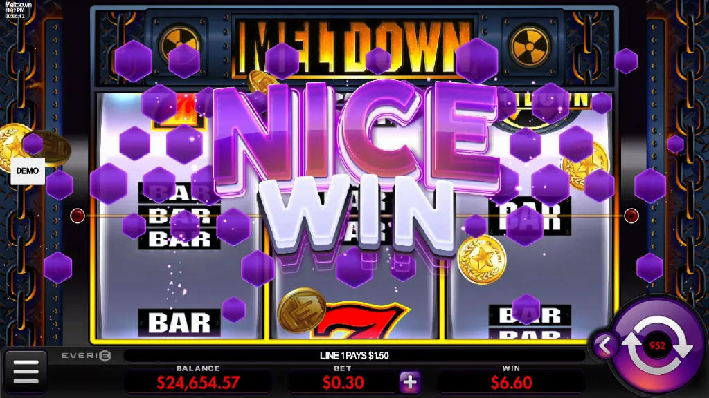 Meltdown slot big win screen with “Nice Win” message and coin animation