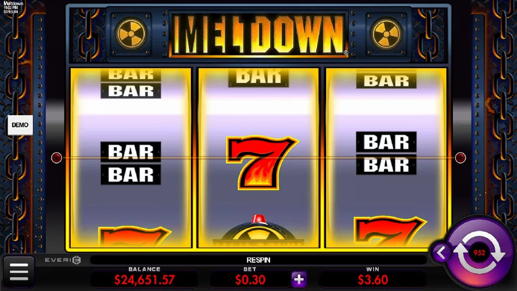 Meltdown slot active bonus round with BARs, sevens, and respin in play