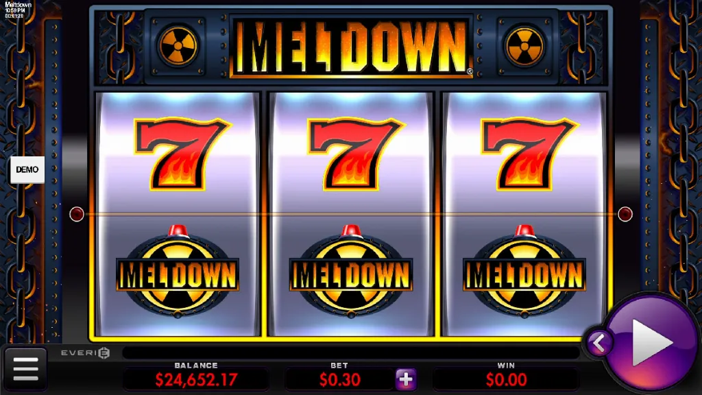 Meltdown slot base gameplay with BAR symbols and sevens across the reels