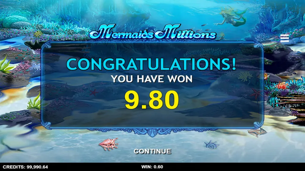 Mermaids Millions slot win screen with congratulatory message showing a 9.80 prize against an underwater backdrop.