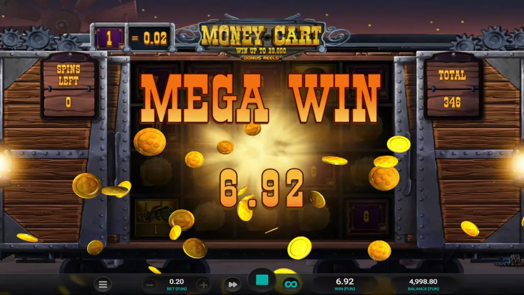 A slot game screen from Money Cart showing a "MEGA WIN" of 6.92 with golden coins flying across the screen. The background displays train cart doors and the game’s total counter on the right.