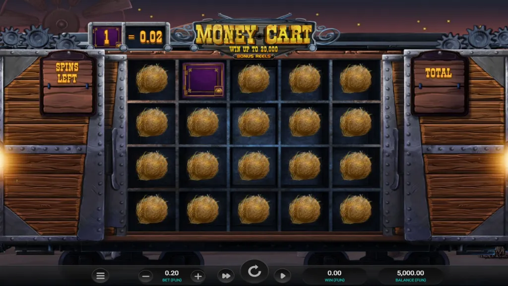 A Money Cart slot game screen showing the reels mostly filled with tumbleweed symbols and one purple special symbol. The board is inside a train cart with "Spins Left" and "Total" counters on wooden signs.