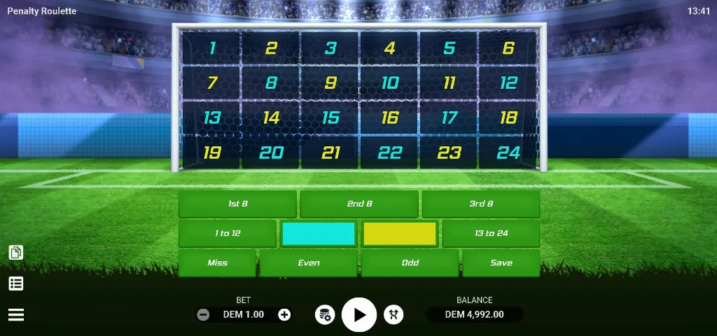 Penalty Roulette game screen showing a soccer goal divided into 24 numbered sections with various betting options below the goal