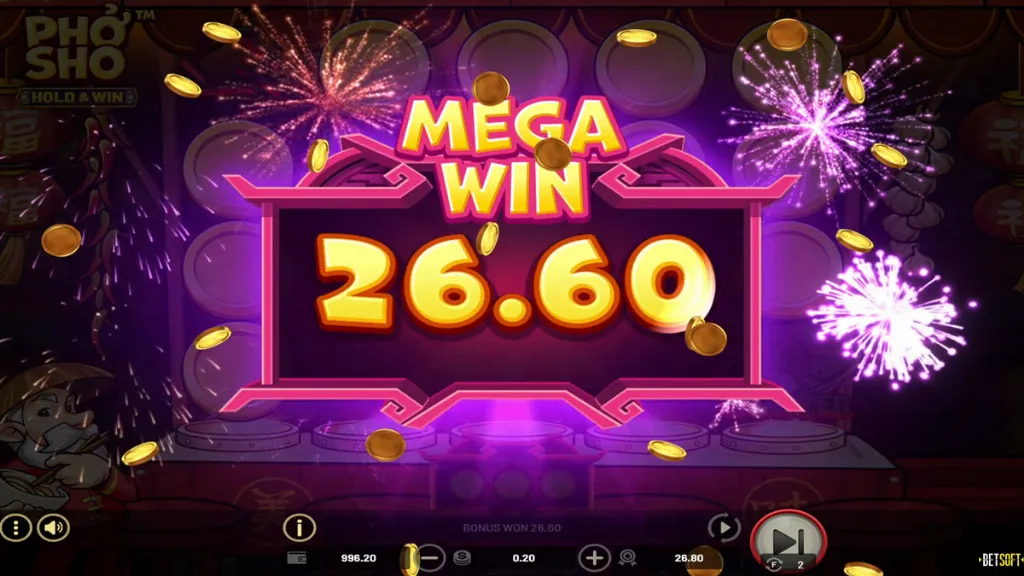 Winning screen in Pho Sho. Large banner says “MEGA WIN 26.60” with fireworks and gold coins exploding across the screen, creating a celebratory effect.