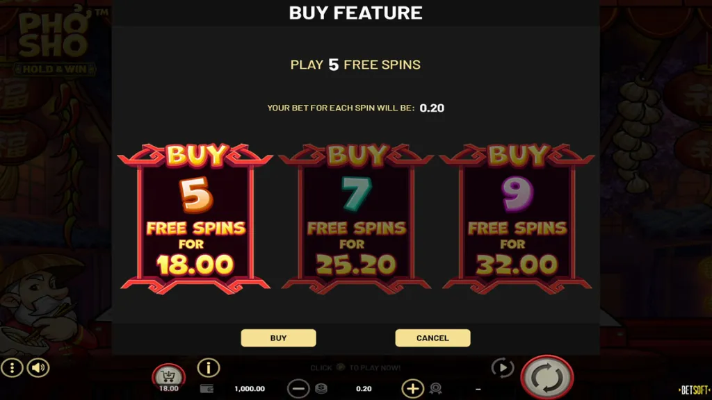 Feature purchase menu in Pho Sho. Options to buy free spins are displayed: 5 spins for 18.00, 7 spins for 25.20, or 9 spins for 32.00. Buttons for “BUY” and “CANCEL” appear at the bottom.