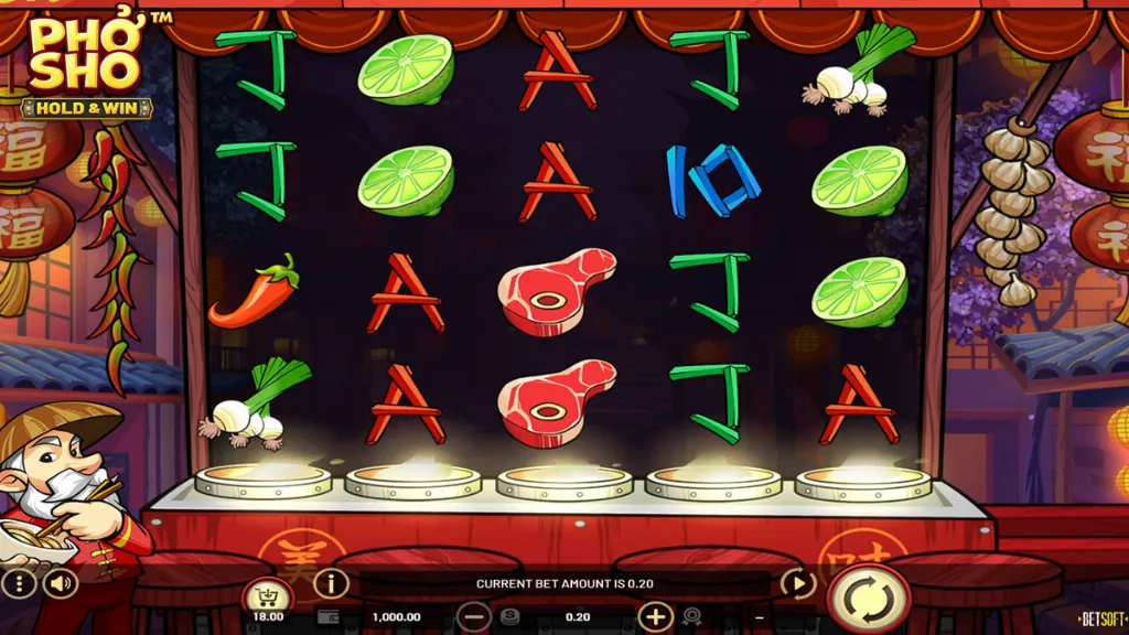 Standard gameplay view of Pho Sho. Reels display symbols such as lime slices, chili peppers, garlic, noodles, meat cuts, and playing card letters. Background depicts a night market scene with lanterns and food stalls.