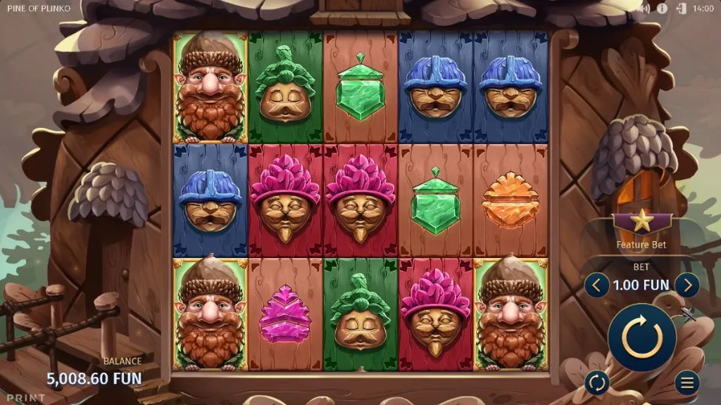 Pine of Plinko slot game screen showing colorful wooden reels with dwarf faces, pine cones, and gem symbols inside a forest cabin setting