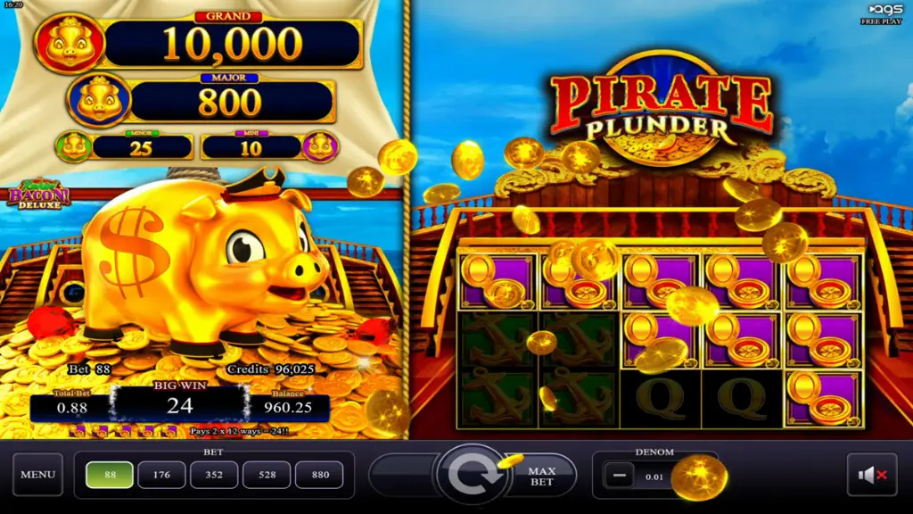 Big win moment in Pirate Plunder with golden coins flying across the screen and the win amount prominently shown.