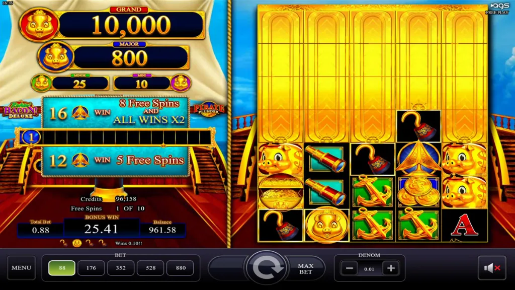 Bonus round gameplay of Pirate Plunder featuring free spins in progress and various pirate-themed symbols on the reels.