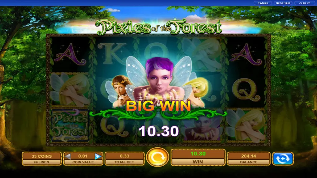 Pixies of the Forest slot big win screen with glowing payout and fairy symbols.